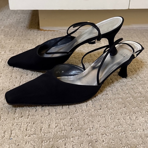Stuart Weitzman Black Satin Slingback Kitten Heels 10.5M Rhinestone Strap - Picture 4 of 9